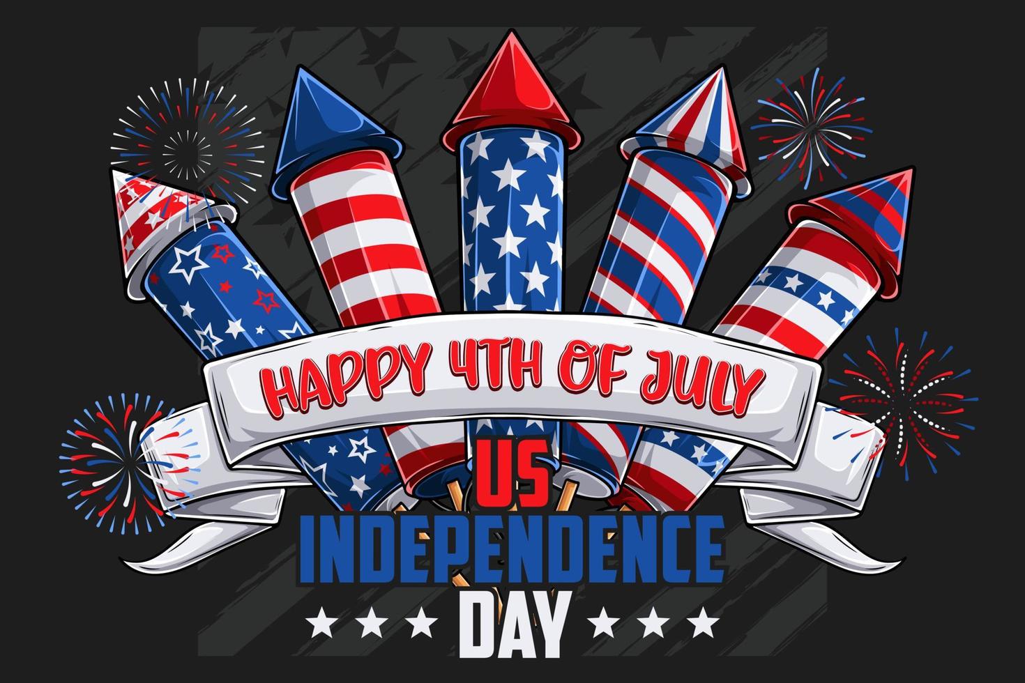 felice 4 luglio poster festa dell'indipendenza degli stati uniti nastro disegnato a mano con set di fuochi d'artificio cracker razzi vettore