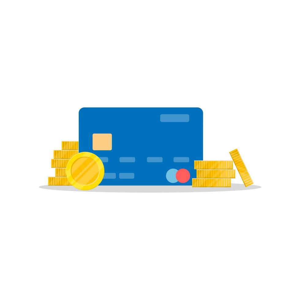 carta di debito di credito di plastica blu e pile di monete. vettore