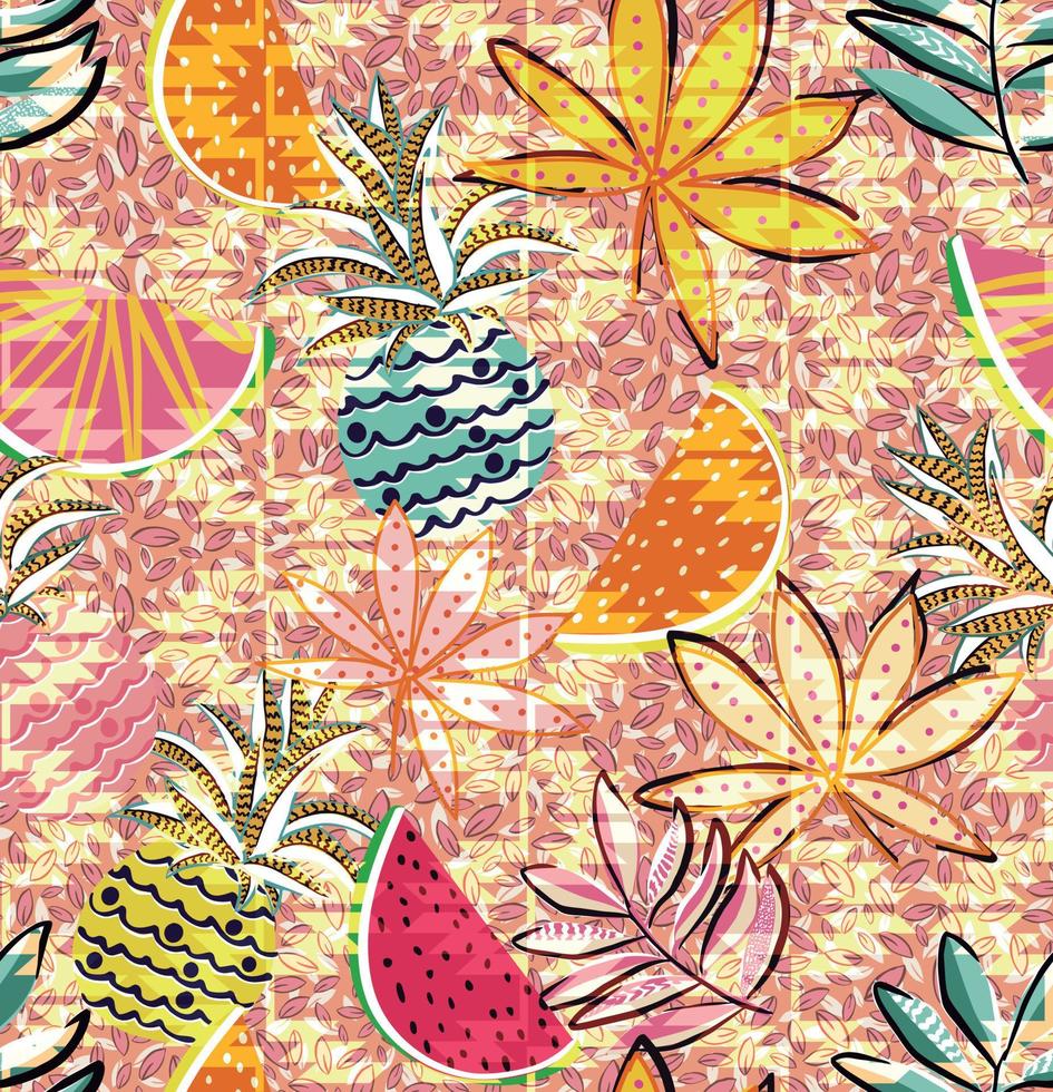 motivo tropicale realizzato con frutta e foglie, con sfondo divertente e colorato vettore