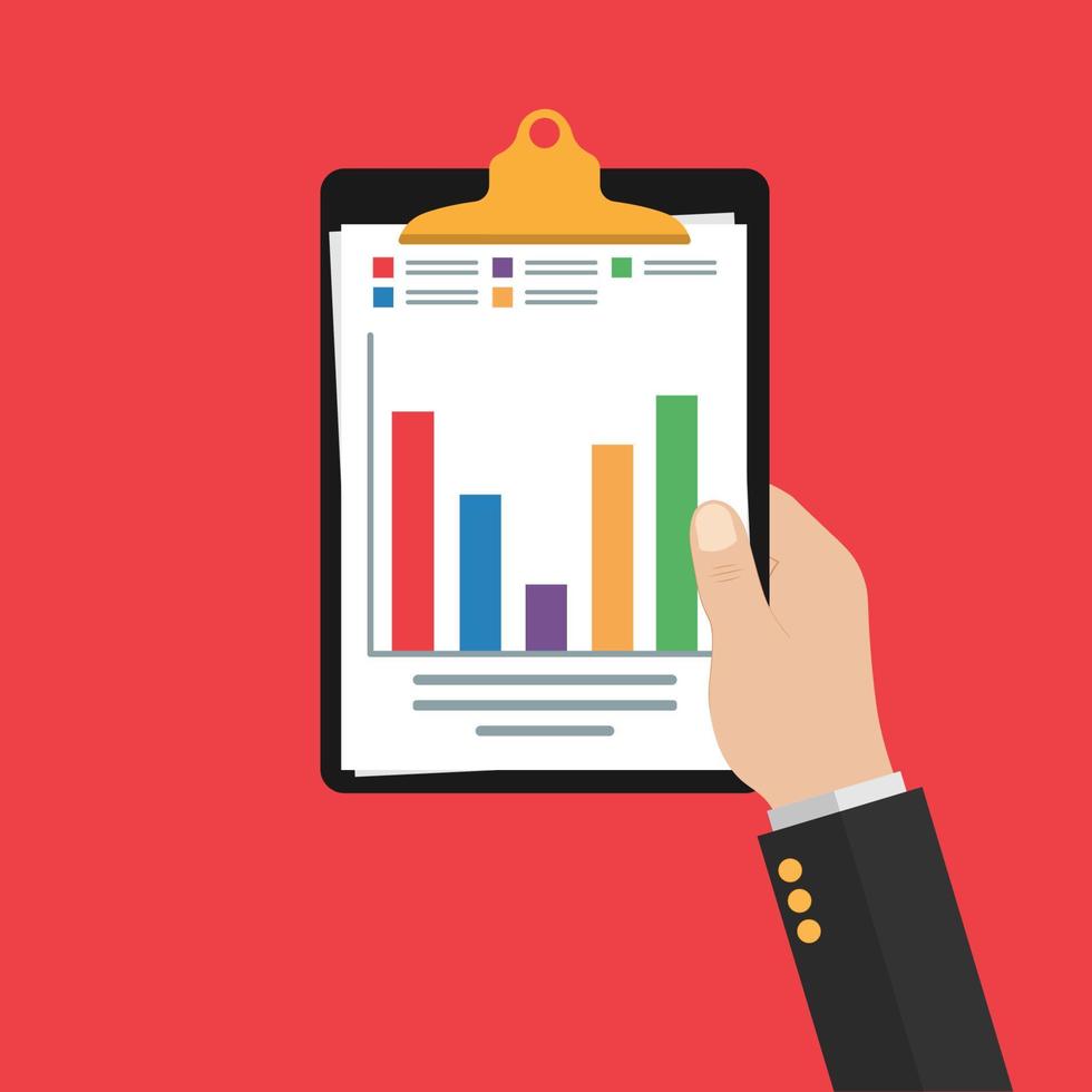 nella mano dell'uomo clipboard.audit icona del vettore di ricerca, analisi dei dati del rapporto finanziario, concetto di analisi contabile con grafici e diagrammi.