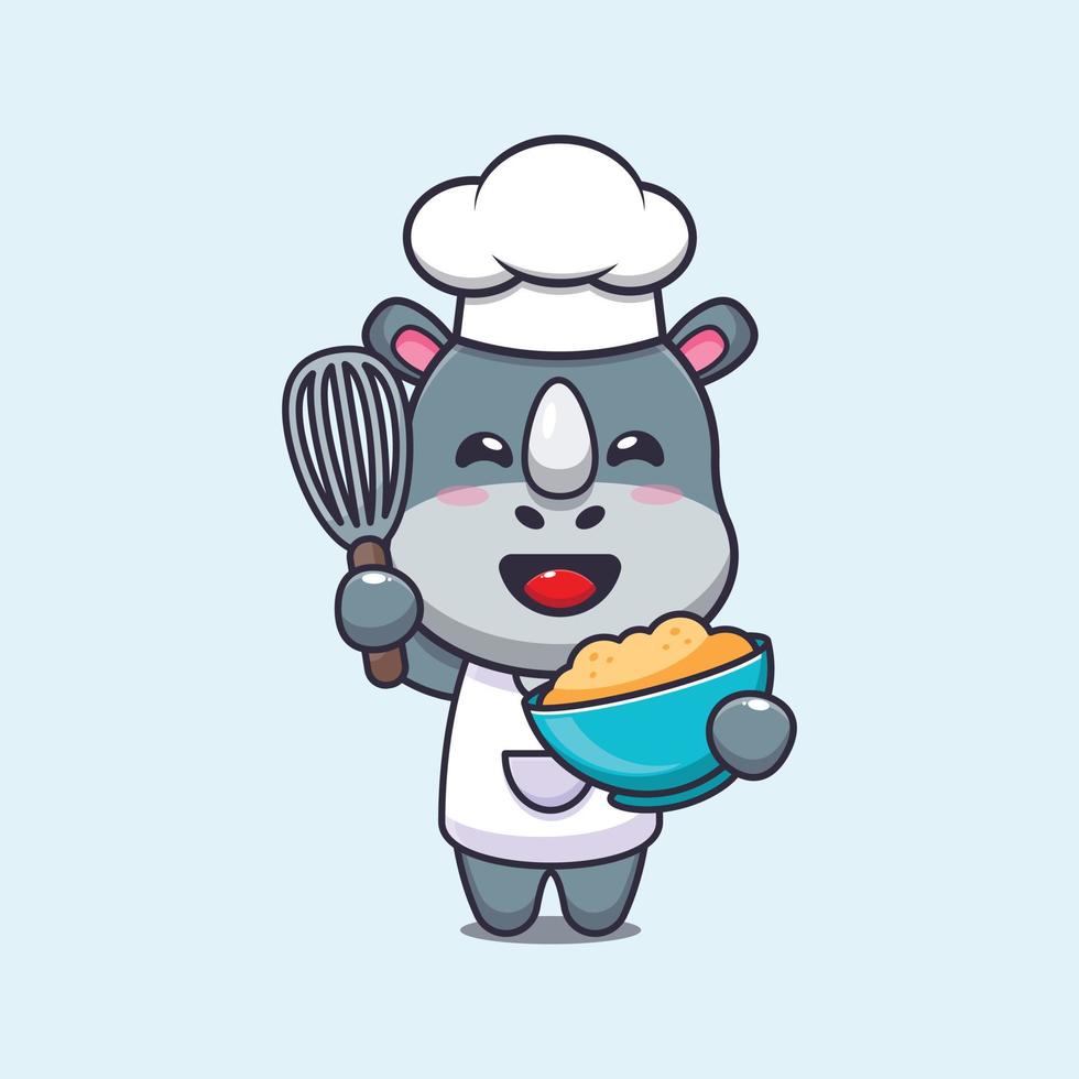 simpatico personaggio dei cartoni animati della mascotte del cuoco unico del rinoceronte con l'impasto della torta vettore