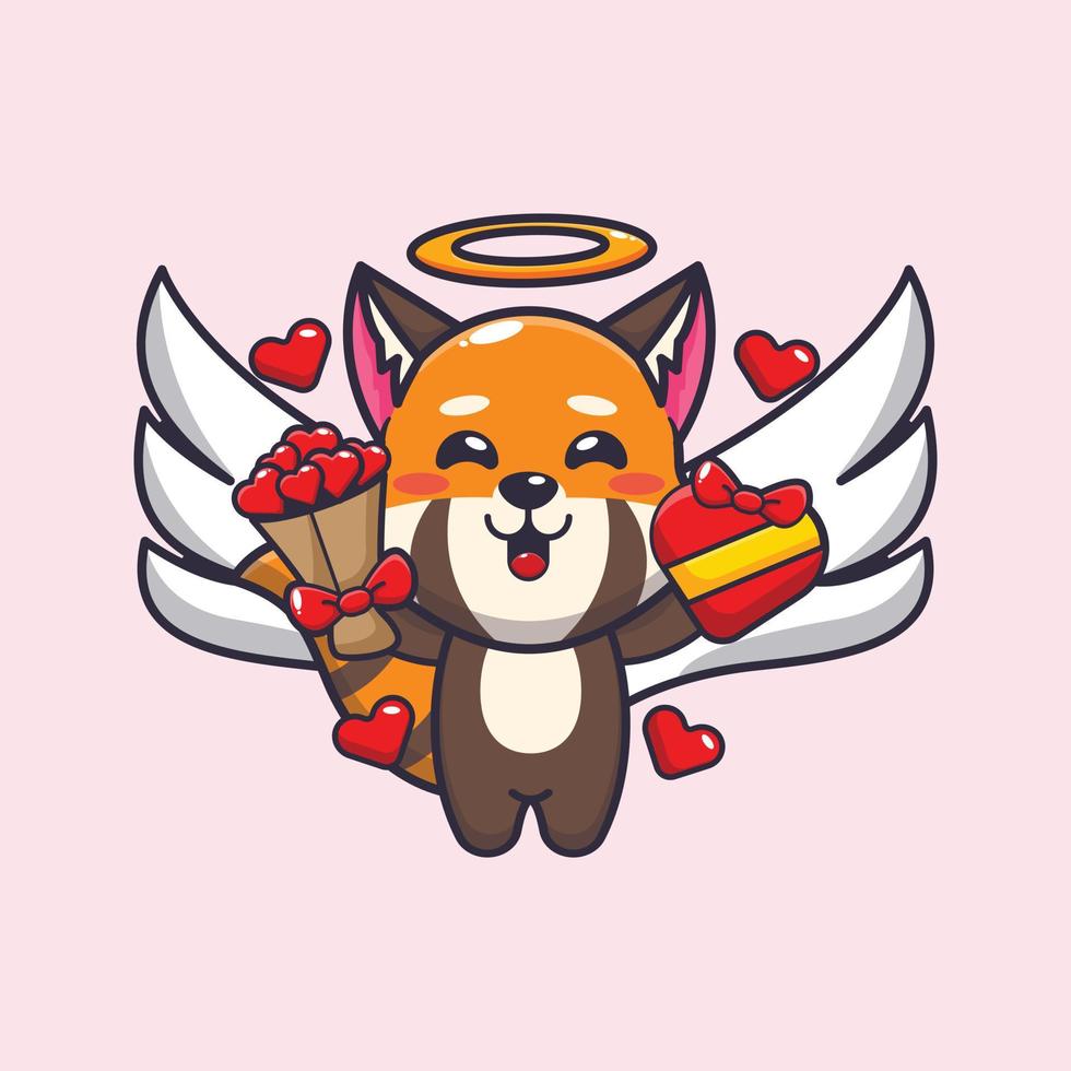 simpatico personaggio dei cartoni animati di cupido panda rosso con regalo d'amore e bouquet d'amore vettore