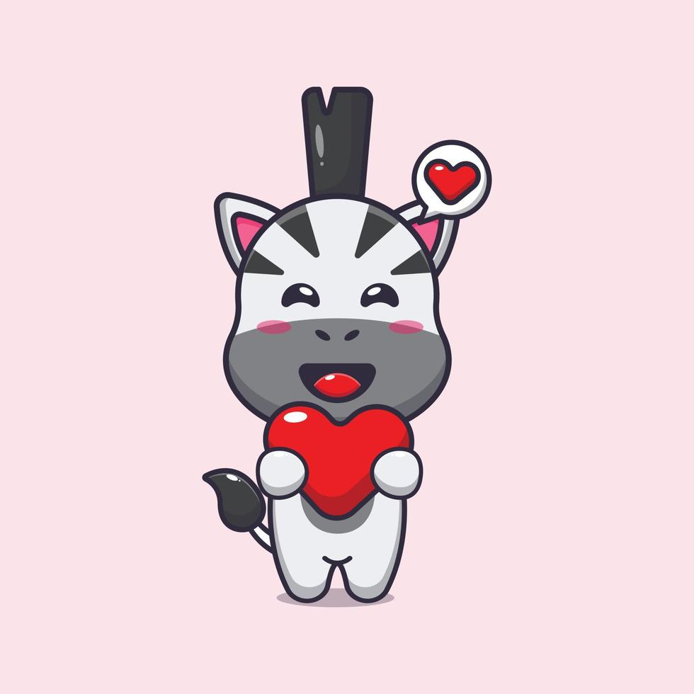 simpatico personaggio dei cartoni animati della zebra che tiene il cuore di amore vettore