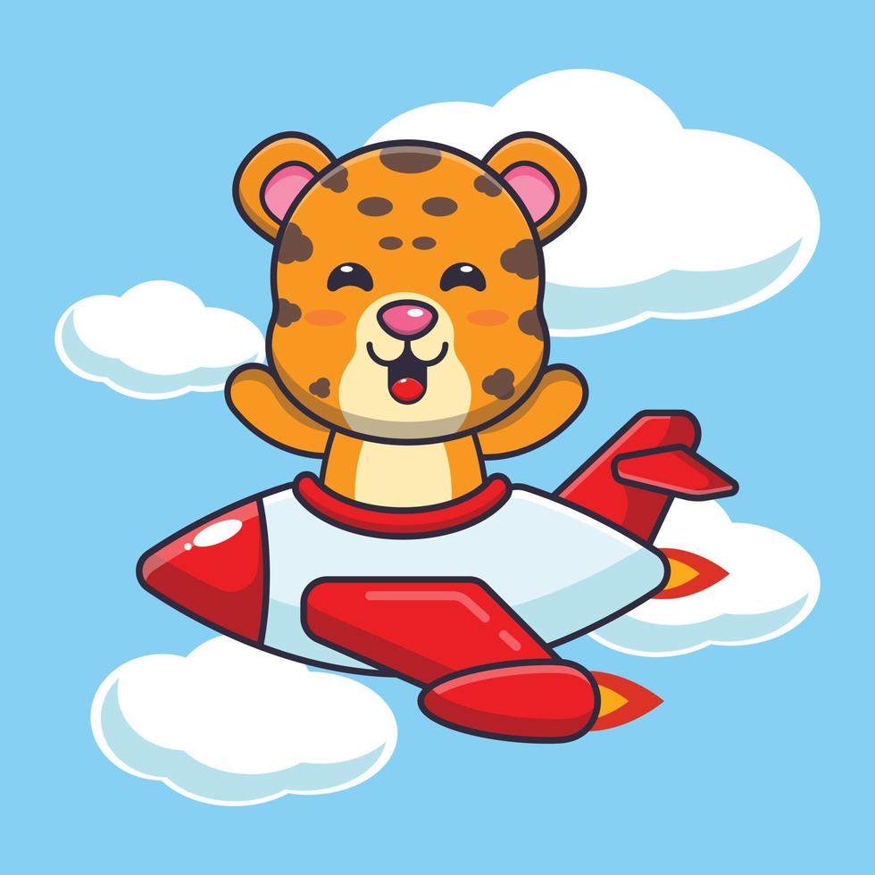 simpatico personaggio dei cartoni animati della mascotte del leopardo giro sul jet aereo vettore