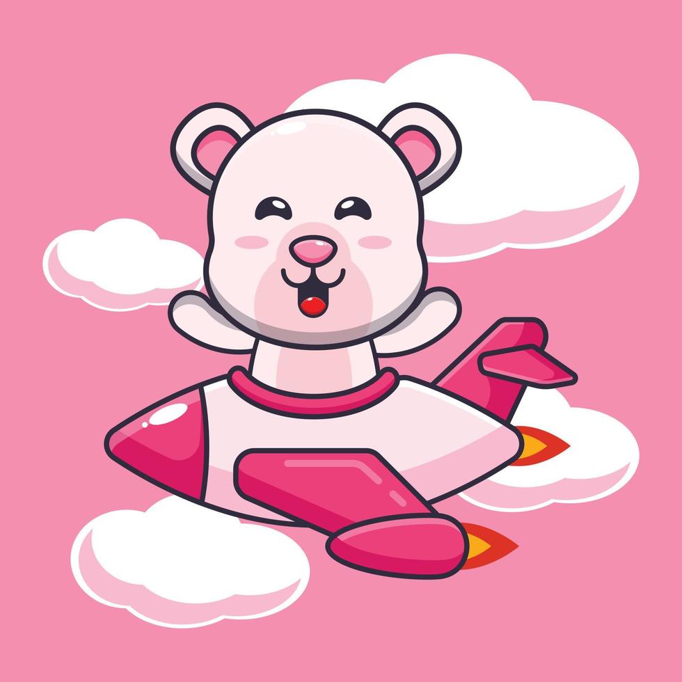 simpatico personaggio dei cartoni animati della mascotte dell'orso polare giro sul jet dell'aereo vettore