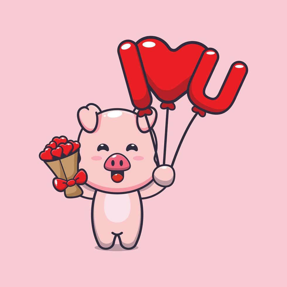 simpatico personaggio dei cartoni animati di maiale che tiene un palloncino d'amore e fiori d'amore vettore