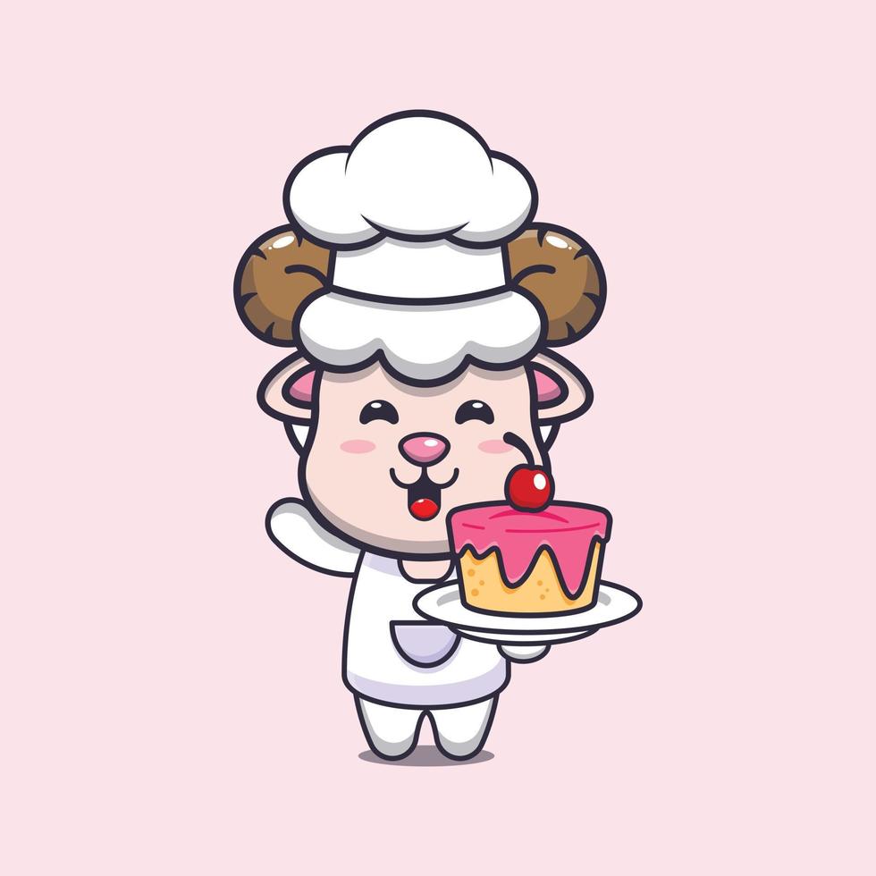 simpatico personaggio dei cartoni animati della mascotte del cuoco unico delle pecore con la torta vettore