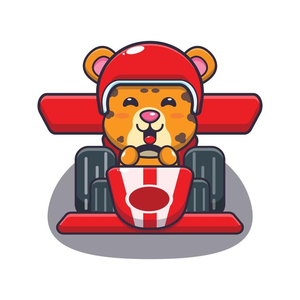 simpatico personaggio dei cartoni animati della mascotte del leopardo che guida un'auto da corsa vettore