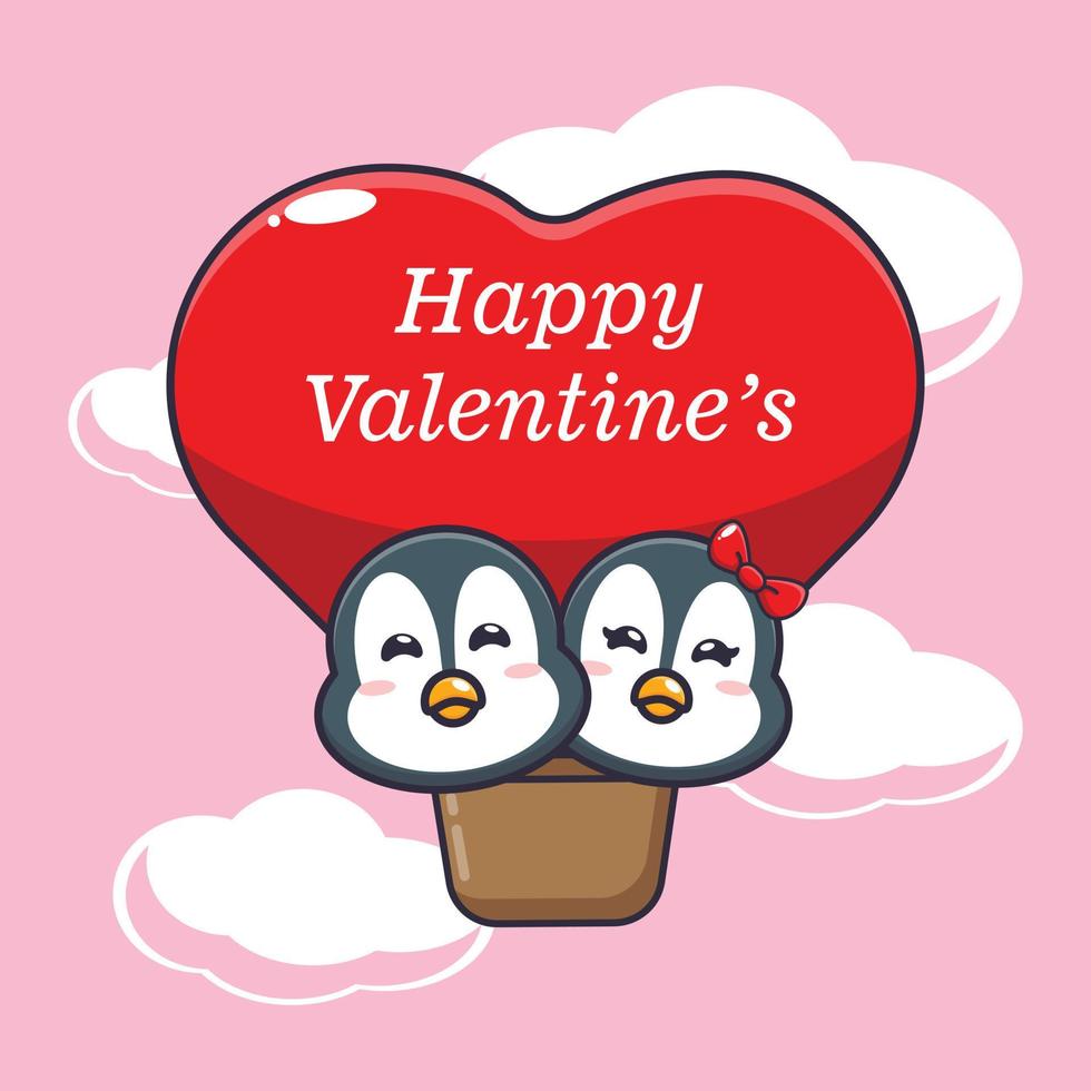simpatico personaggio dei cartoni animati pinguino volare con mongolfiera nel giorno di San Valentino vettore