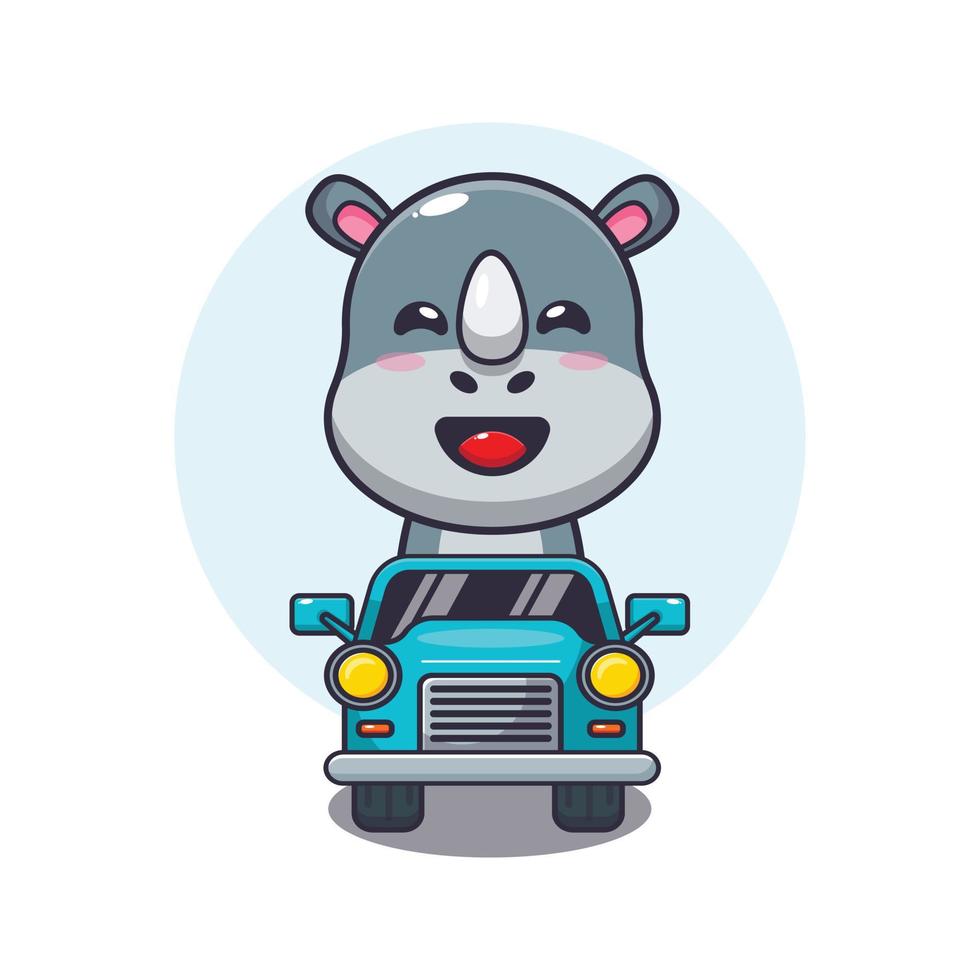 simpatico personaggio dei cartoni animati della mascotte del rinoceronte giro in auto vettore