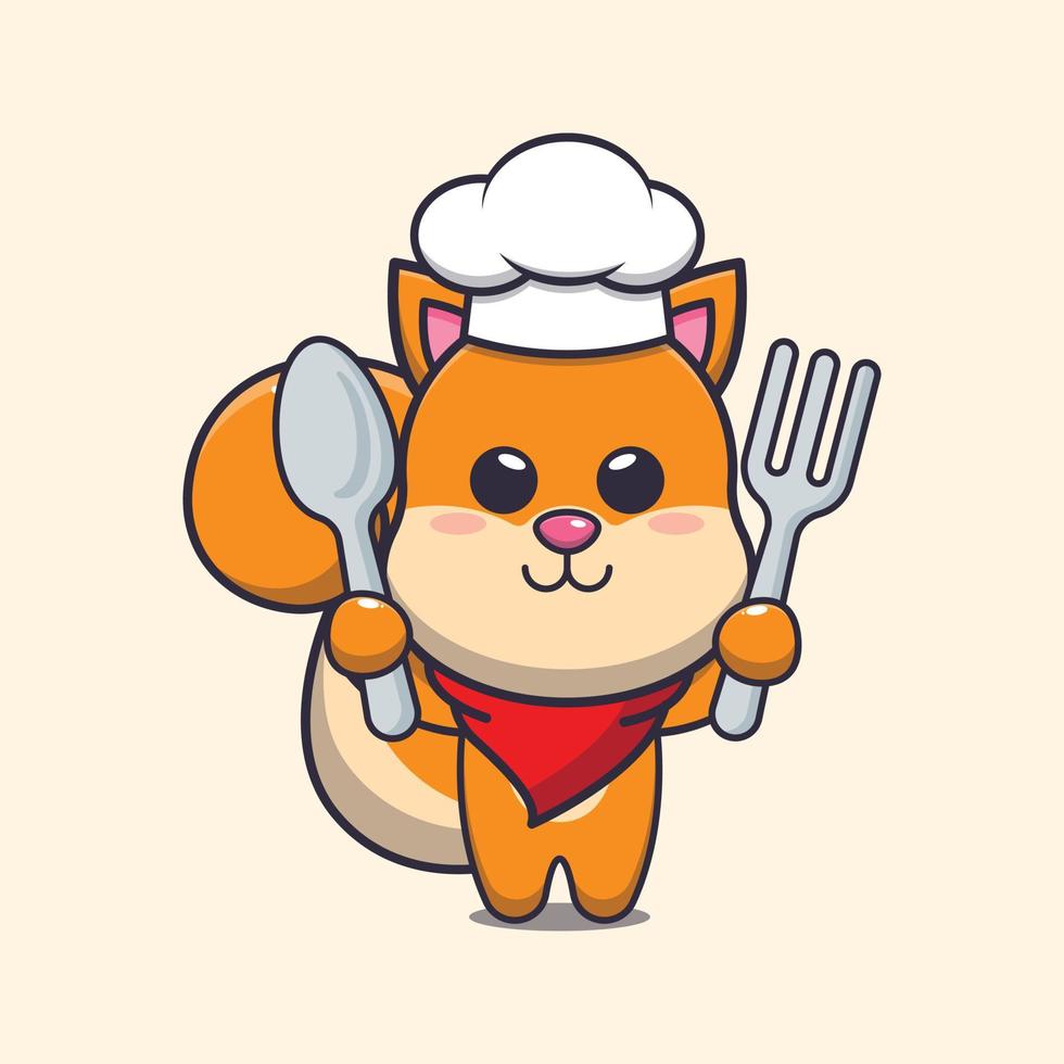 simpatico personaggio dei cartoni animati della mascotte del cuoco unico dello scoiattolo che tiene cucchiaio e forchetta vettore