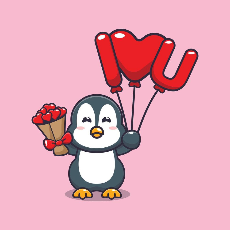 simpatico personaggio dei cartoni animati del pinguino che tiene un palloncino d'amore e fiori d'amore vettore