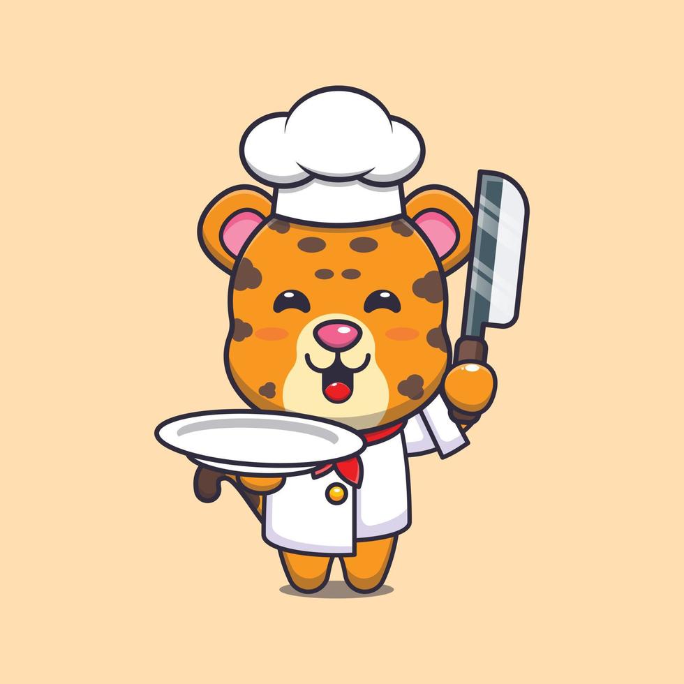simpatico personaggio dei cartoni animati della mascotte del cuoco unico del leopardo con il coltello e il piatto vettore