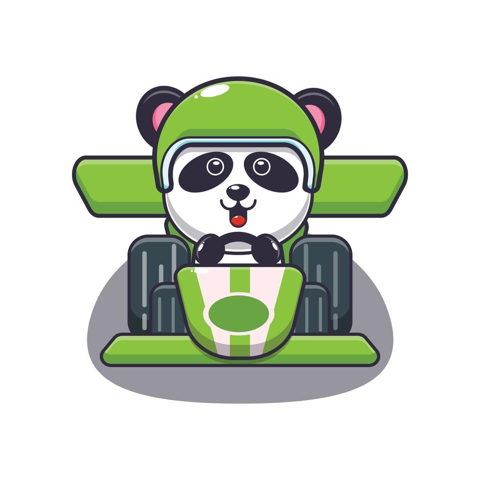 simpatico personaggio dei cartoni animati della mascotte del panda che guida un'auto da corsa vettore