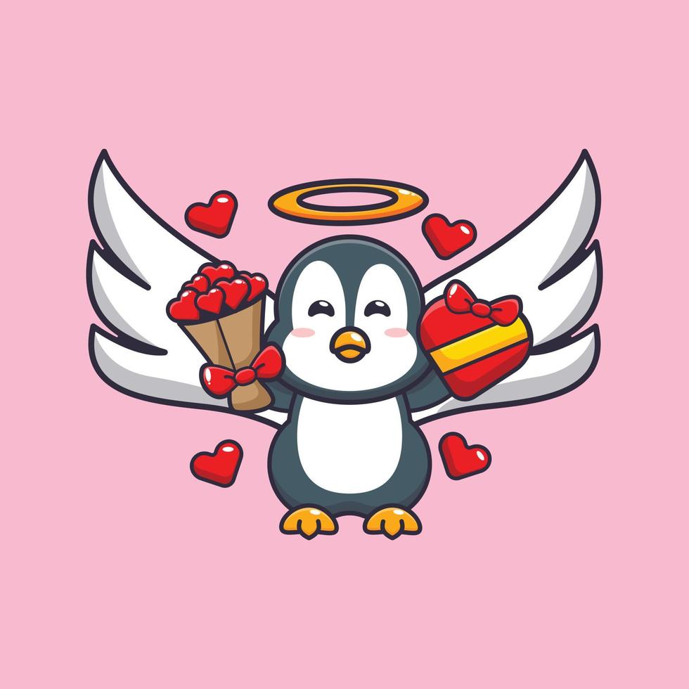 simpatico personaggio dei cartoni animati di cupido pinguino che tiene un regalo d'amore e un bouquet d'amore vettore