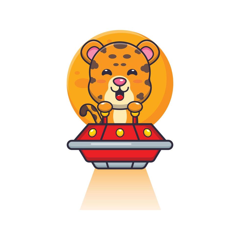 simpatico personaggio dei cartoni animati della mascotte del leopardo vola con ufo vettore