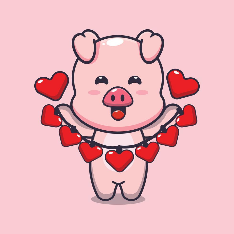 simpatico personaggio dei cartoni animati di maiale che tiene la decorazione di amore vettore
