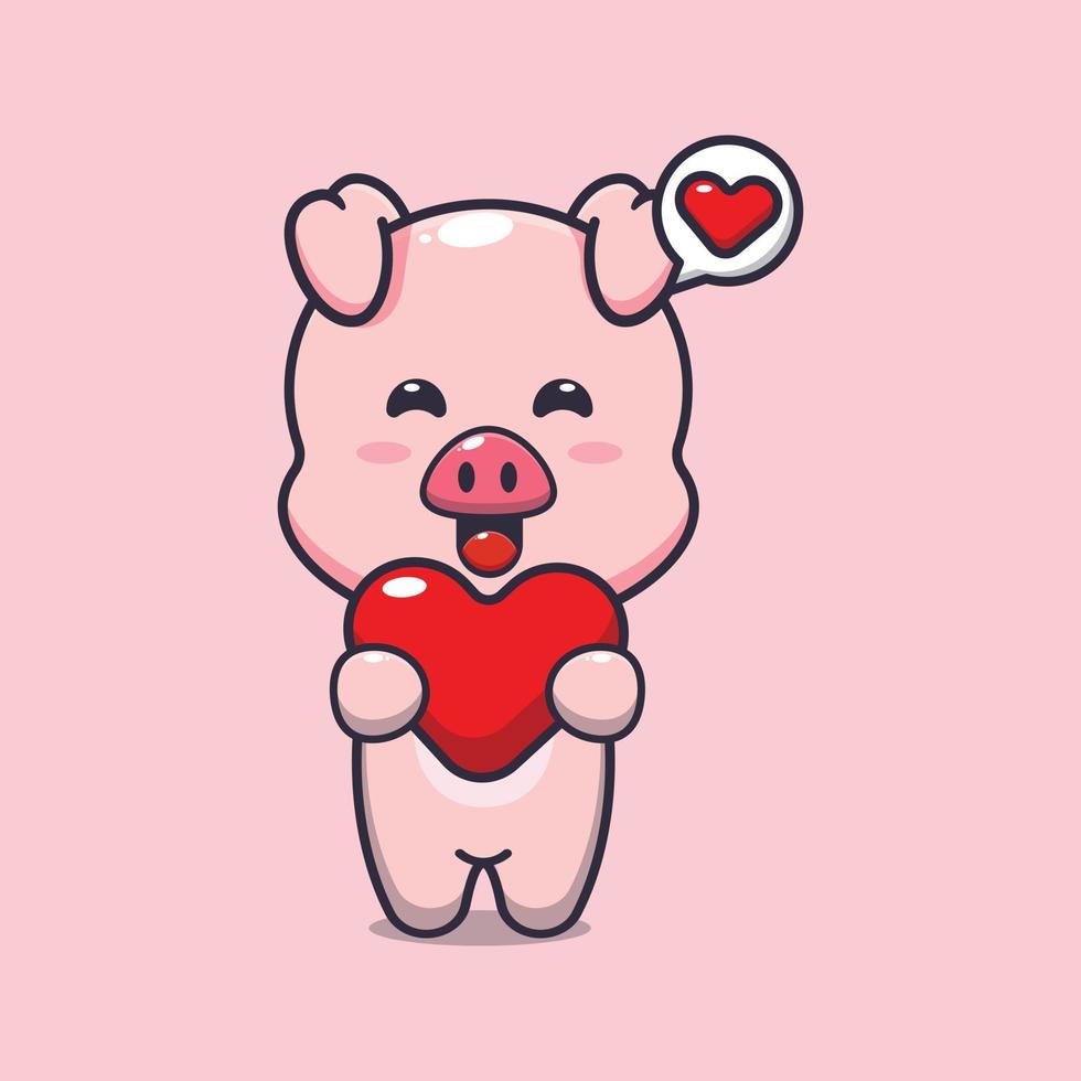 simpatico personaggio dei cartoni animati di maiale che tiene il cuore di amore vettore