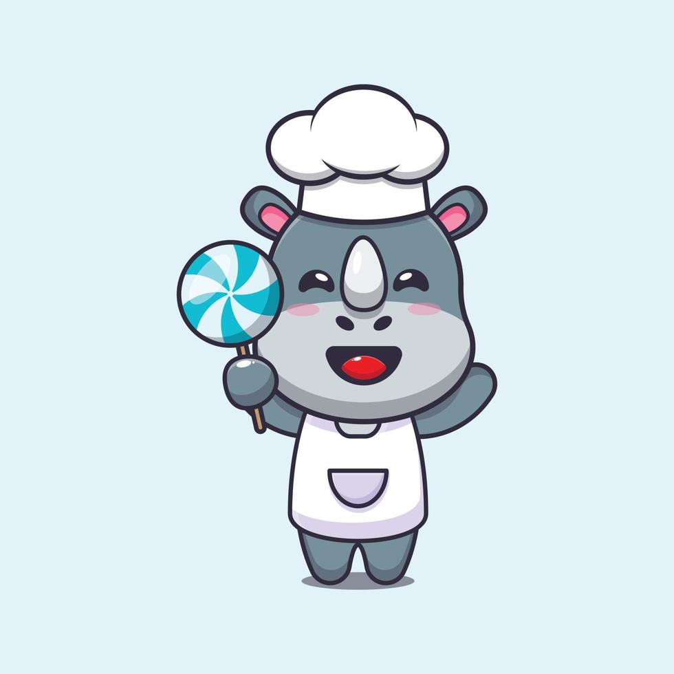 simpatico personaggio dei cartoni animati della mascotte del cuoco unico del rinoceronte che tiene la caramella vettore