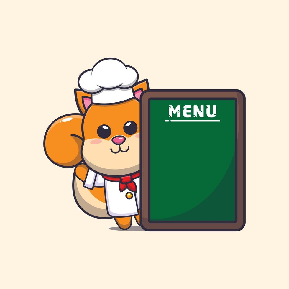 simpatico personaggio dei cartoni animati della mascotte del cuoco unico dello scoiattolo con la scheda del menu vettore