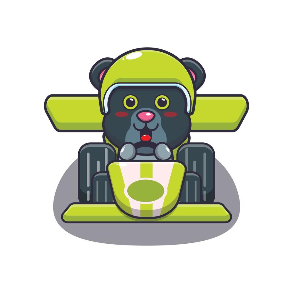 simpatico personaggio dei cartoni animati della mascotte della pantera che guida un'auto da corsa vettore