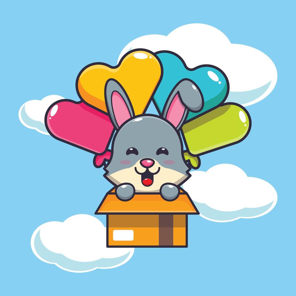 simpatico coniglio mascotte personaggio dei cartoni animati volare con palloncino vettore