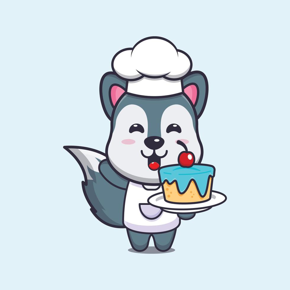 simpatico personaggio dei cartoni animati della mascotte del cuoco unico del lupo con la torta vettore