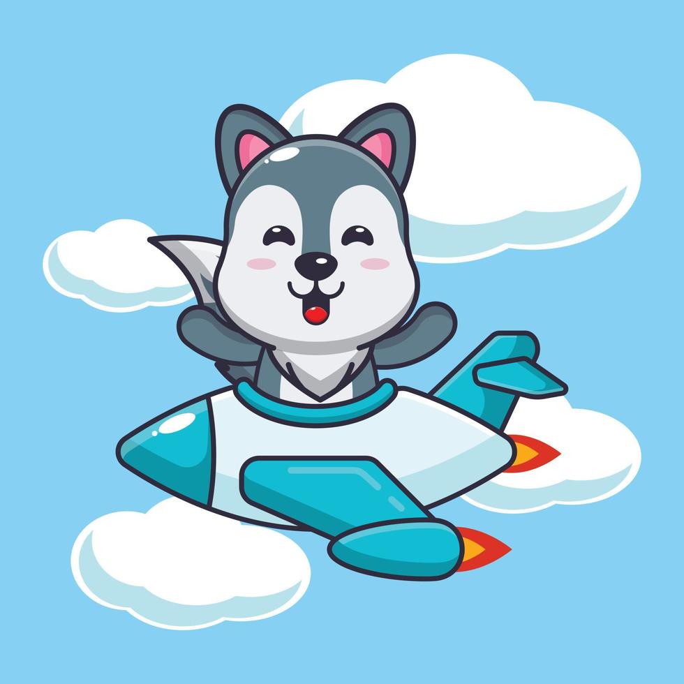 simpatico personaggio dei cartoni animati della mascotte del lupo giro sul jet dell'aereo vettore