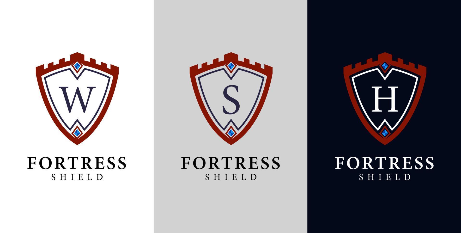 logo della fortezza dello scudo. illustrazione di uno scudo con una fortezza e lettere al centro vettore