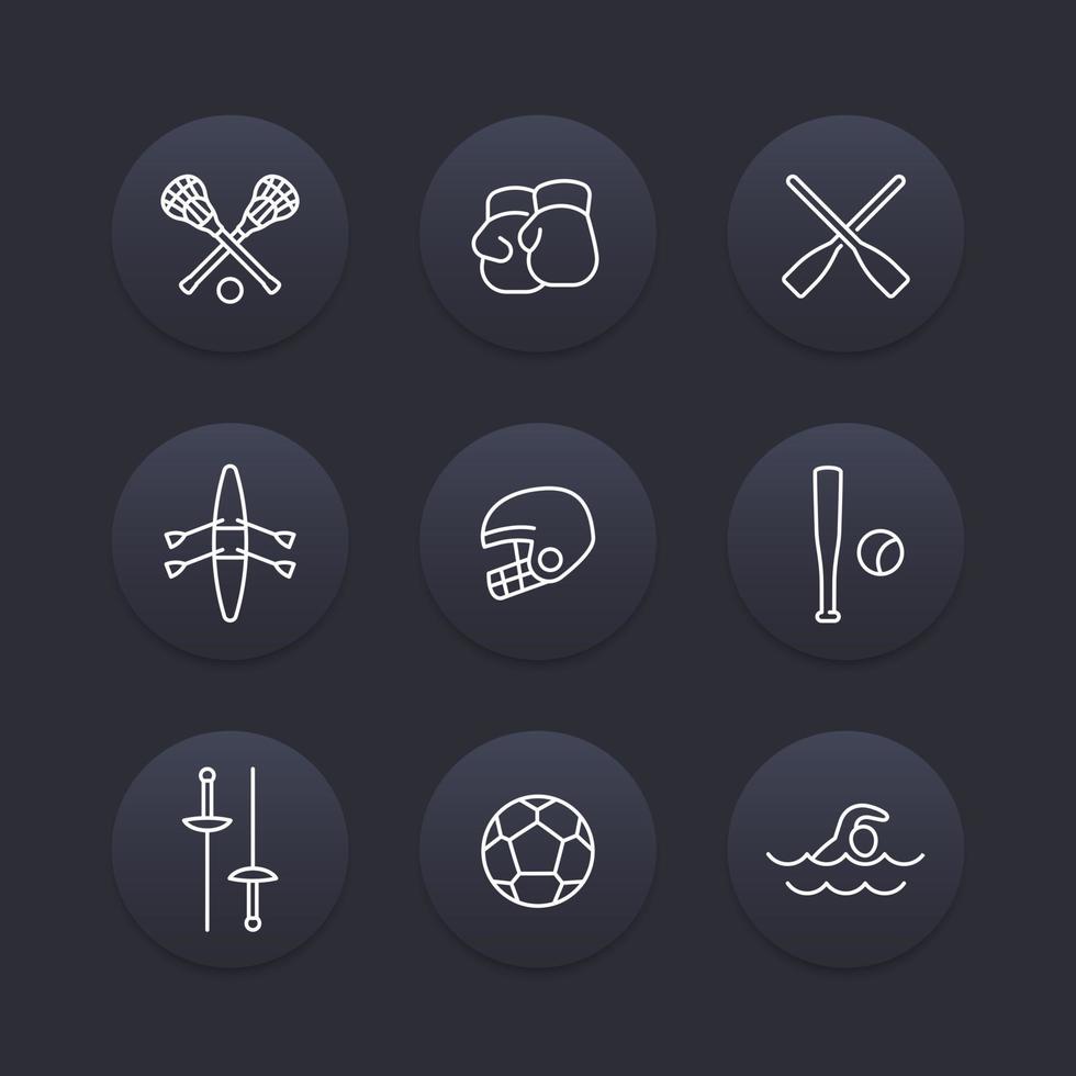 icone delle linee di sport e giochi su forme rotonde scure, pittogrammi sportivi, illustrazione vettoriale