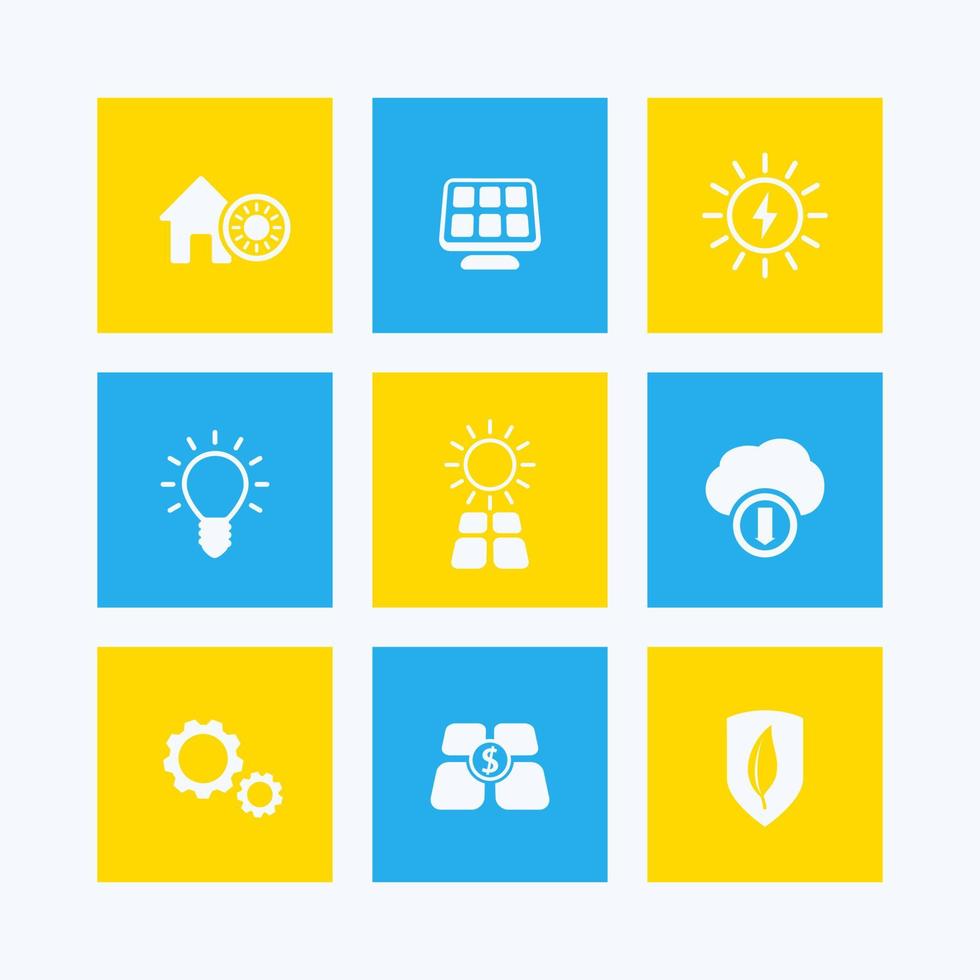 pittogrammi vettoriali di energia solare, elettricità solare, casa alimentata dal sole, set di icone sui quadrati, illustrazione vettoriale