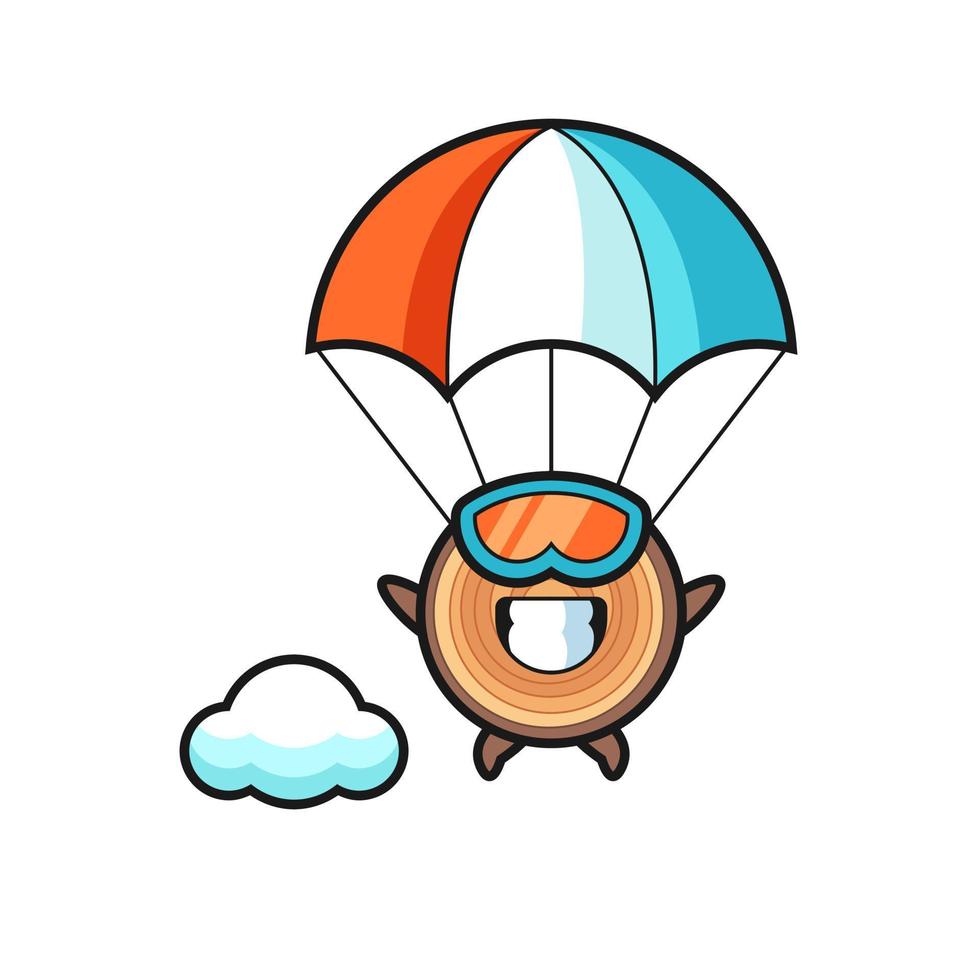 il fumetto della mascotte del grano di legno sta facendo paracadutismo con un gesto felice vettore
