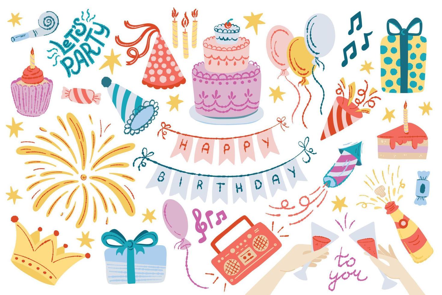 set di elementi di festa di compleanno di vettore. collezione di doodle piatto di buon compleanno vettore