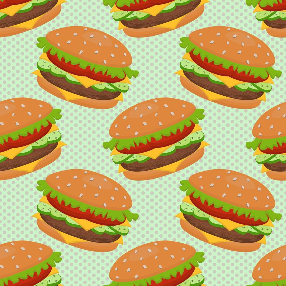 Reticolo senza giunte con un hamburger. può essere utilizzato per tessuti, sfondi di siti Web, copertine di libri, imballaggi, carta da imballaggio, libri di cucina, menu di ristoranti. illustrazione del cibo. vettore