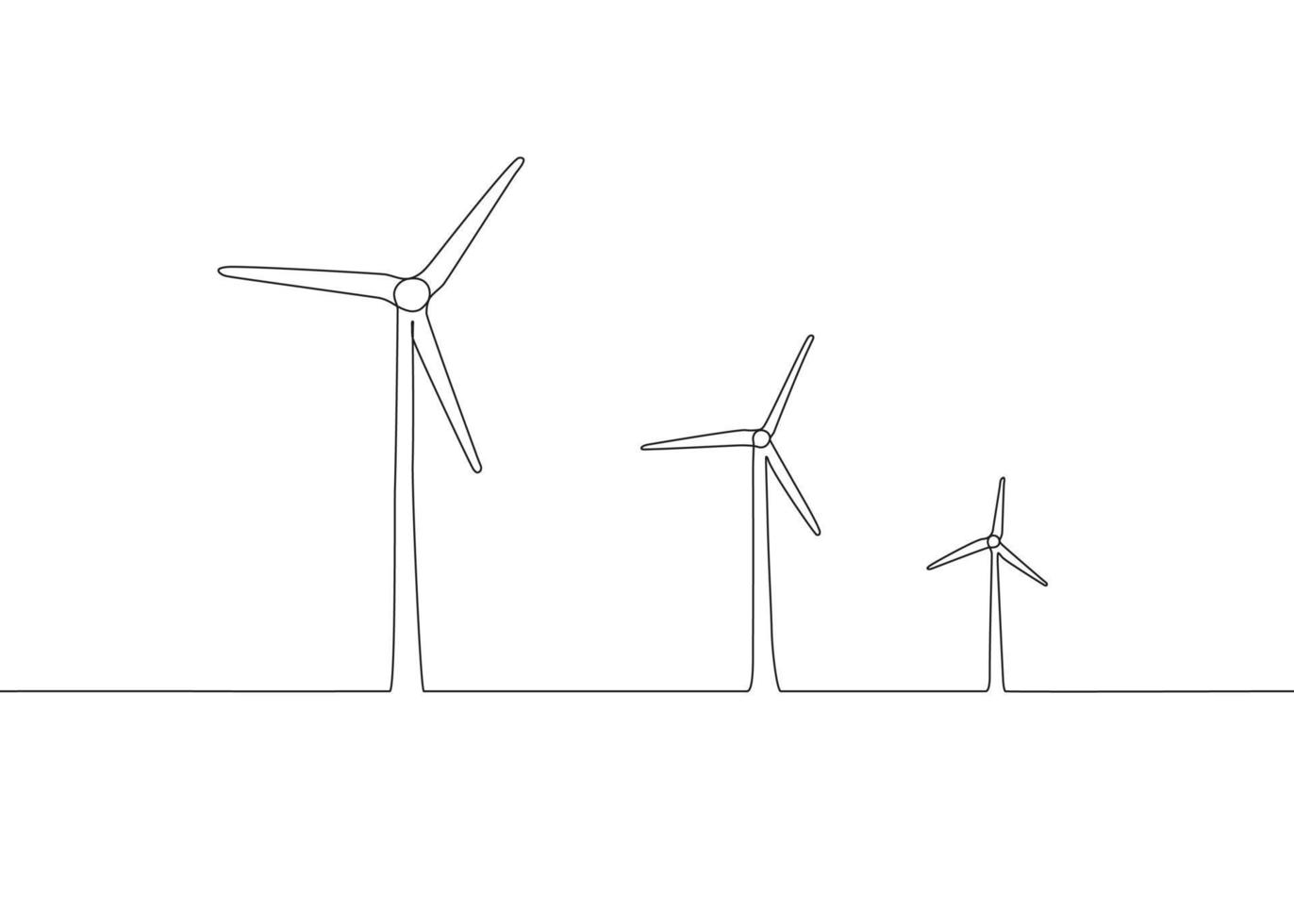 mulino a vento, energia del generatore eolico, disegno artistico a linea continua singola. torre del mulino a vento salva ecologia energia verde elettricità. paesaggio con generare turbine eoliche. illustrazione di un contorno vettoriale