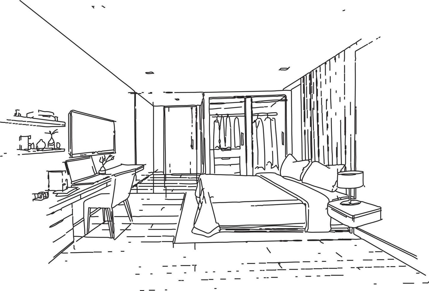 la piccola camera da letto del disegno a tratteggio ha un armadio. scrivania e sedia moderne, vettore, illustrazione 2d vettore