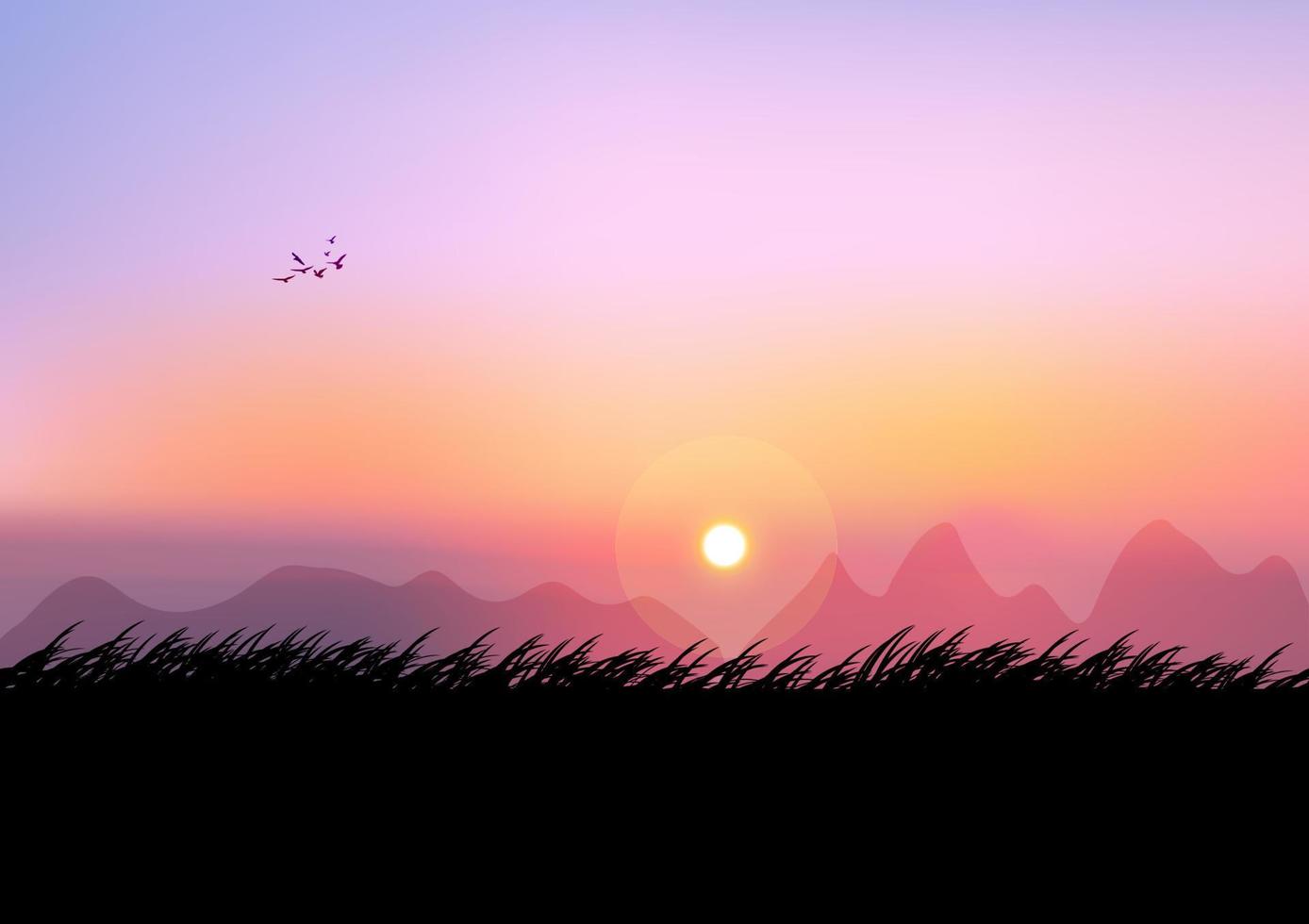 grafica immagine tramonto e luce arancione silhouette del tramonto con erba scura a terra vettore