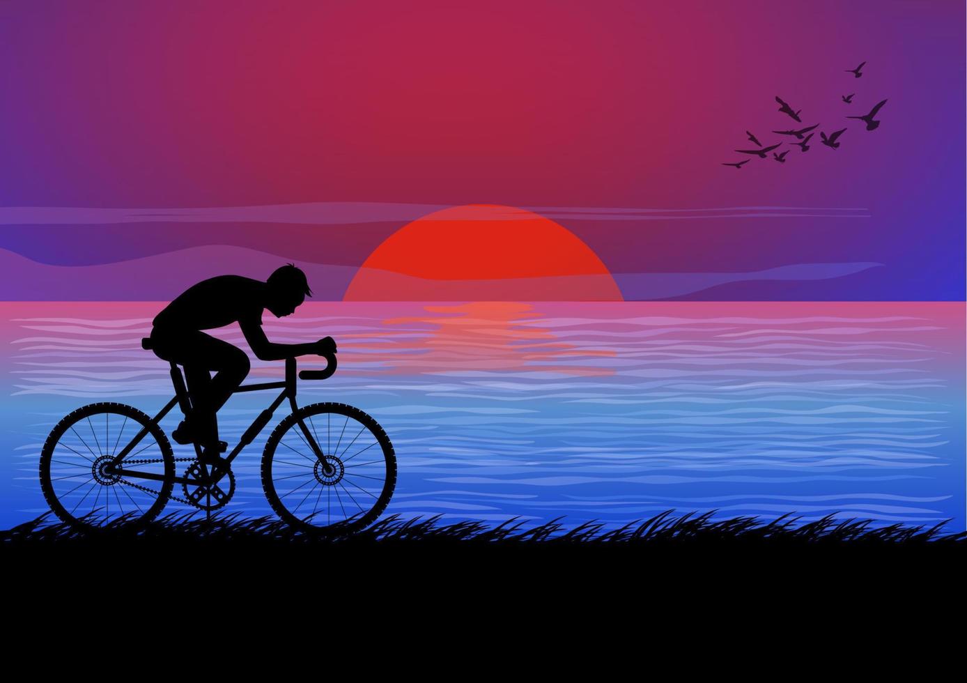 immagine grafica uomo in sella a una bicicletta alla sera con un tramonto al mare sfondo terra illustrazione vettoriale