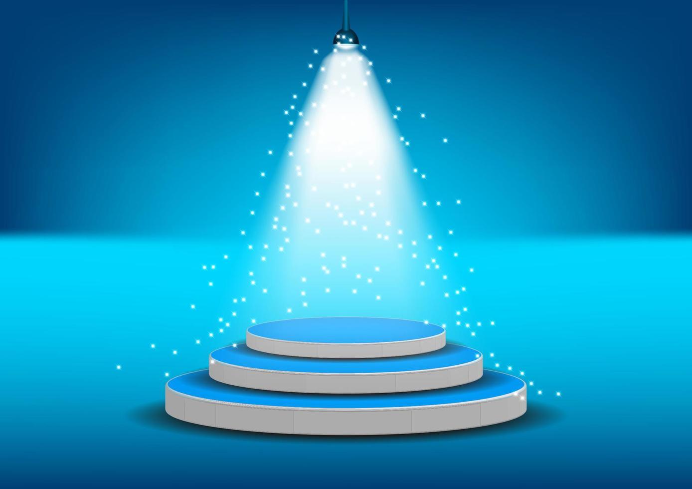 podio per il prodotto spettacolo con luce bianca brillante da faretti sfondo blu illustrazione vettoriale
