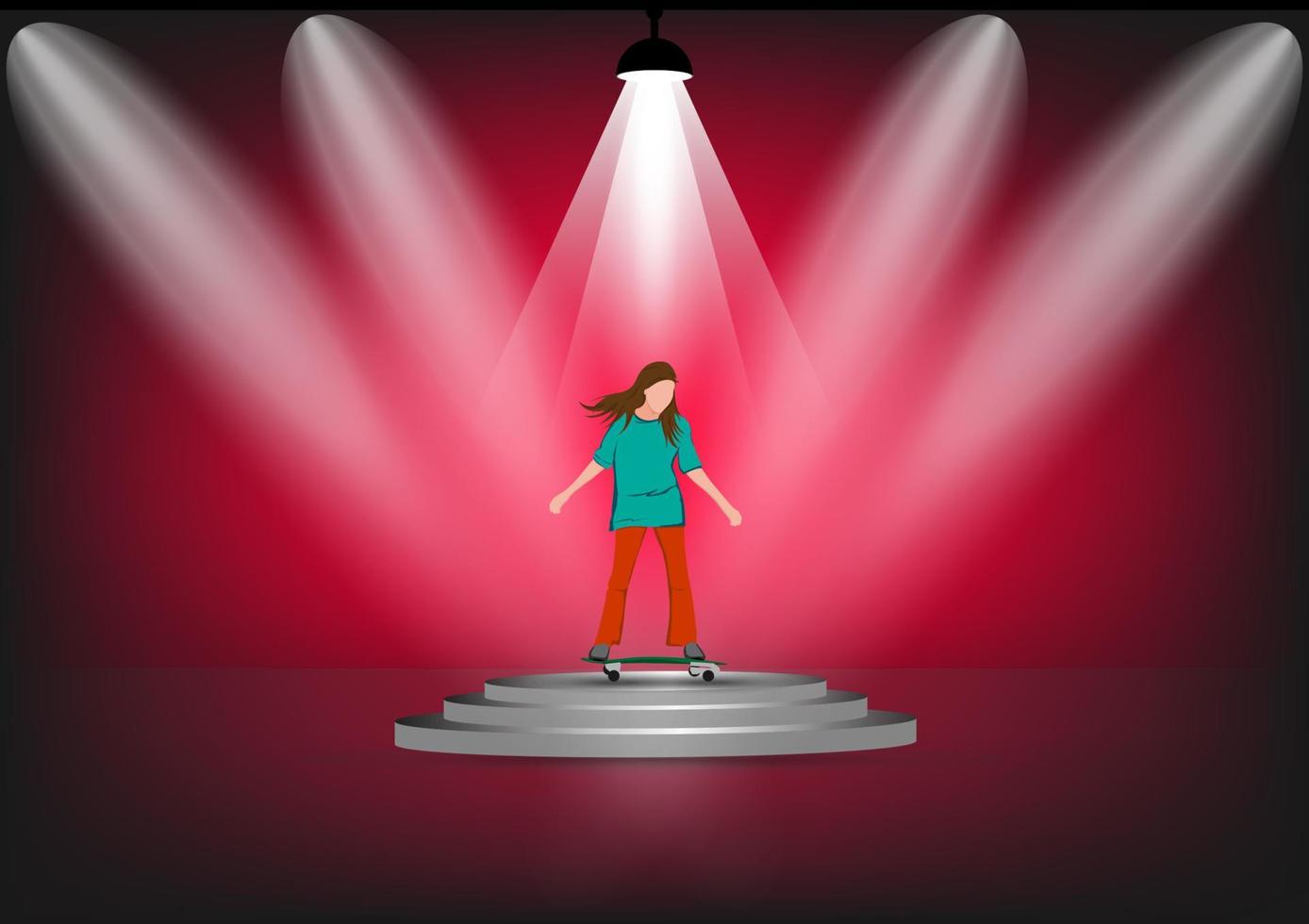 immagine vettoriale personaggio dei cartoni animati ragazza in sella a uno skateboard o surf skate in piedi sul podio con riflettori