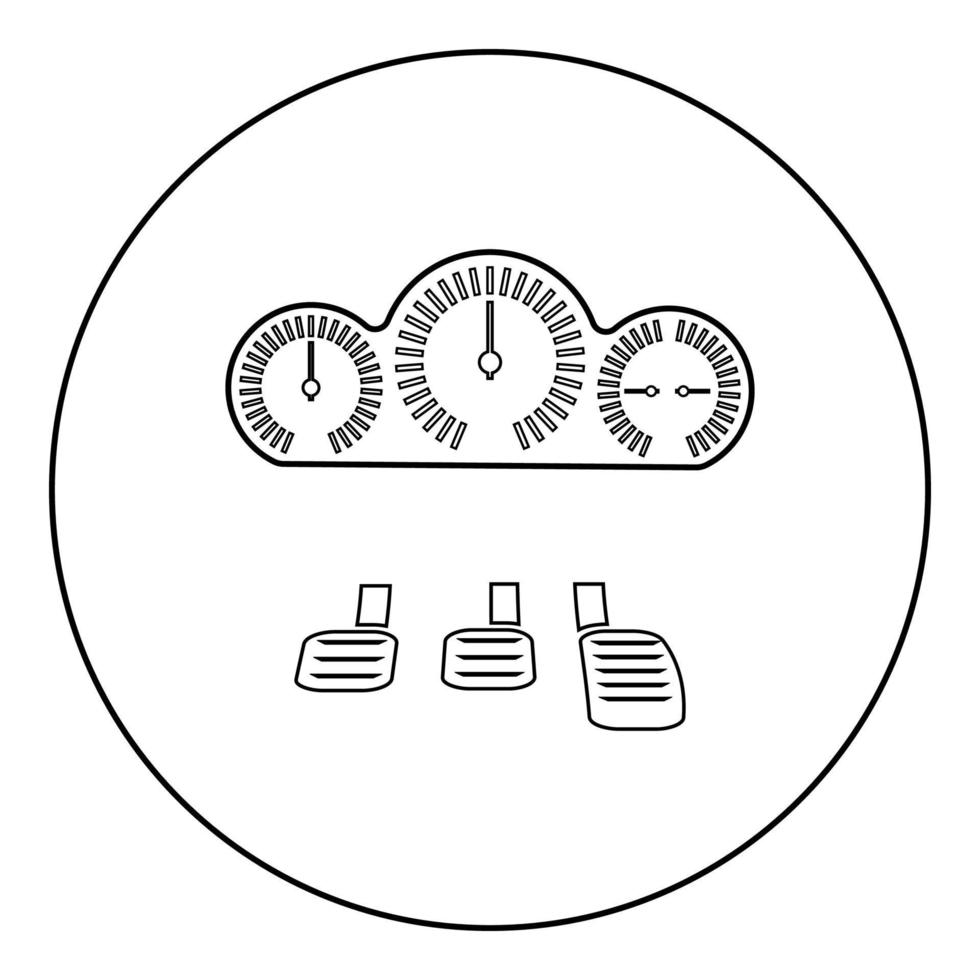 icona dei pedali del cruscotto in cerchio rotondo colore nero illustrazione vettoriale contorno immagine linea di contorno stile sottile