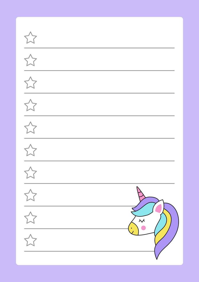 foglio di elenco delle cose da fare per creare quaderni con unicorno carino. vettore