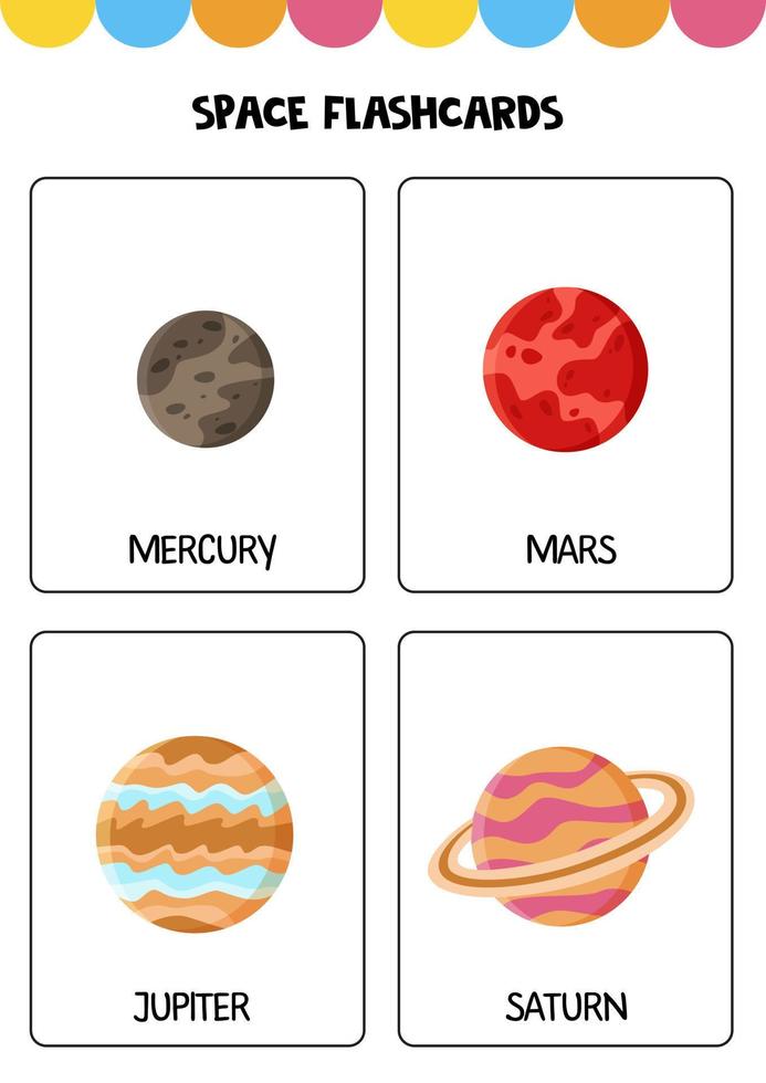 simpatici pianeti dei cartoni animati del sistema solare con nomi. flashcard per bambini. vettore