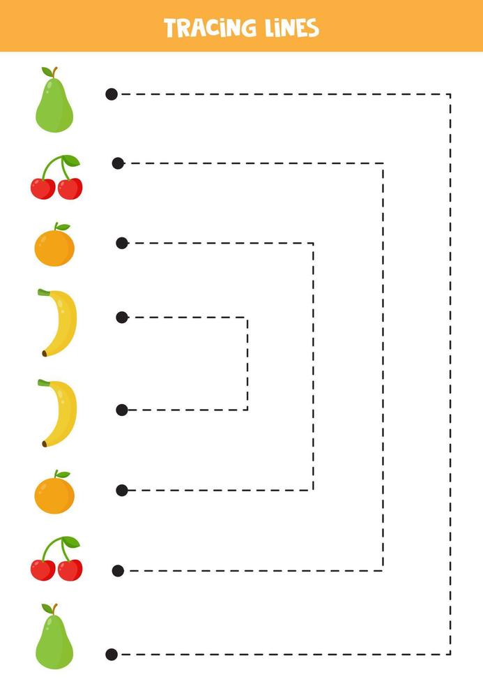 linee di tracciamento per bambini. frutta simpatico cartone animato. Pratica di scrittura. vettore