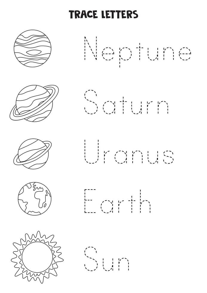 tracciare le parole dei pianeti del sistema solare. foglio di lavoro in bianco e nero. vettore