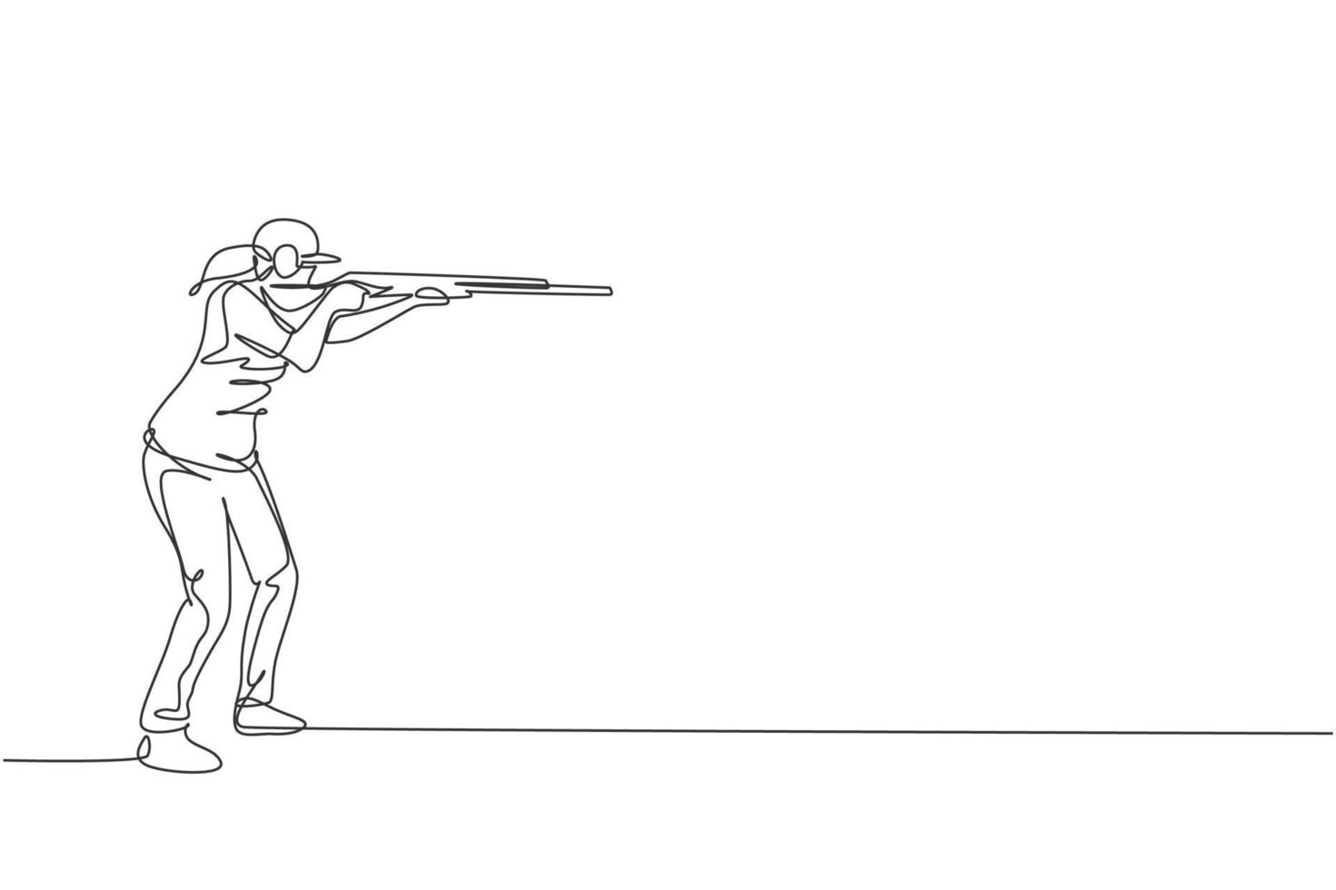 disegno a linea continua singola di una giovane atleta donna sparatutto in possesso di pistola e allenamento per mirare al tiro tattico al bersaglio. concetto di allenamento sportivo di tiro. illustrazione vettoriale di disegno di una linea alla moda