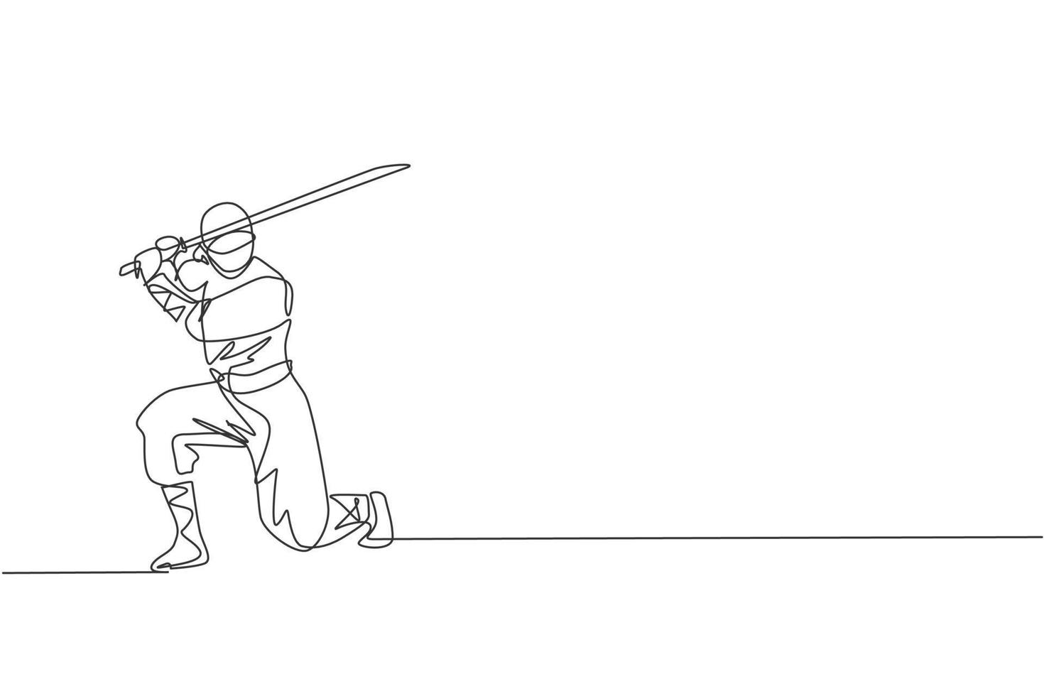 un disegno a linea continua di un giovane ninja coraggioso giapponese su costume nero con posizione di attacco. concetto di combattimento di arte marziale. illustrazione grafica vettoriale di disegno dinamico a linea singola