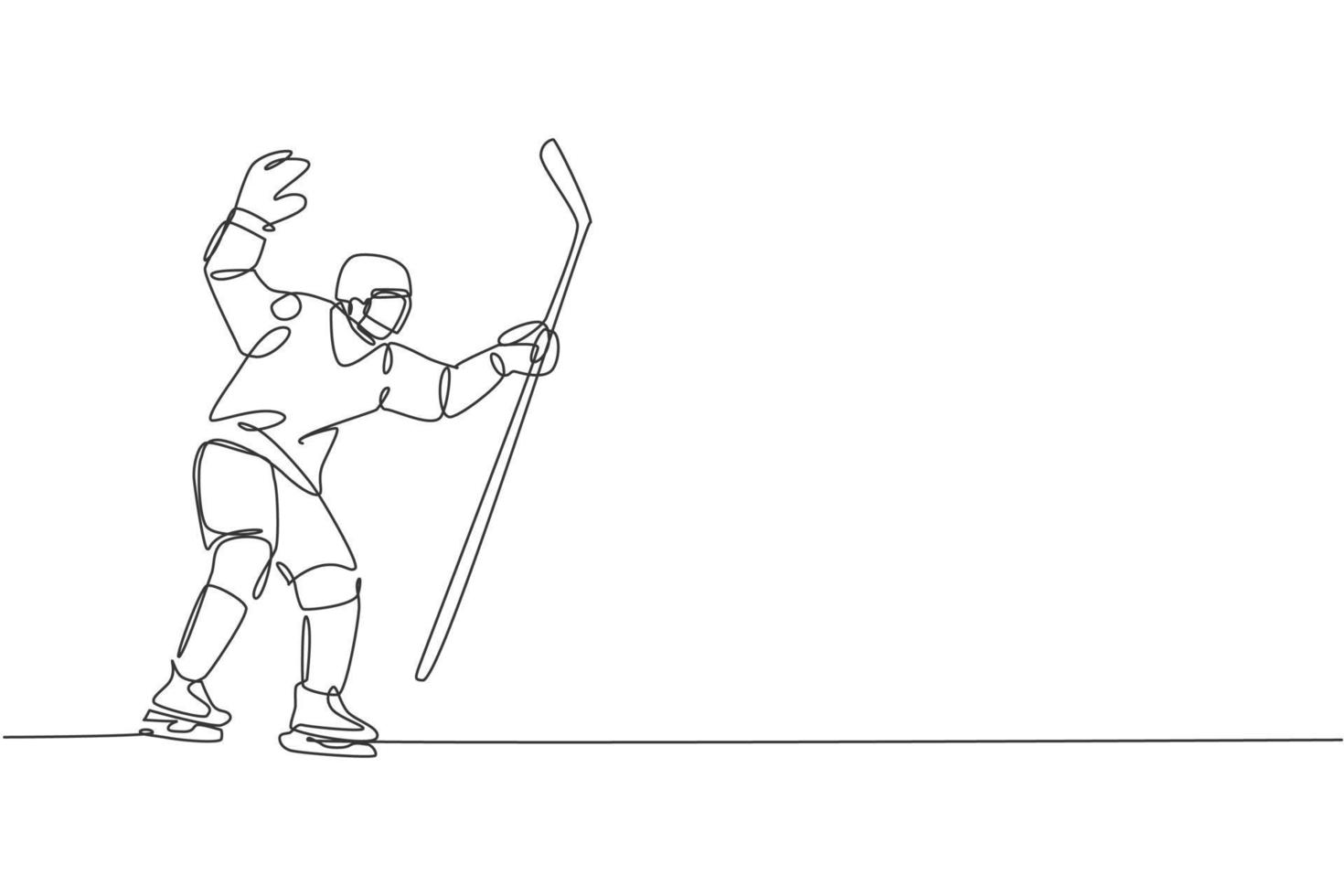 un disegno a linea continua di un giovane portiere professionista di hockey su ghiaccio che si esercita per bloccare il tiro del disco sullo stadio della pista di pattinaggio. concetto di sport estremo di salute. illustrazione vettoriale dinamica del disegno a linea singola
