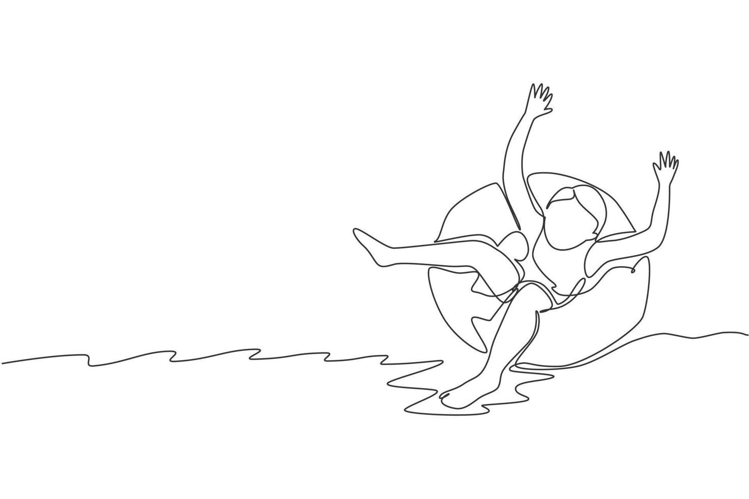 un disegno a linea continua ragazzo felice che gioca e nuota usa l'anello galleggiante nel centro sportivo. vacanze estive e concetto di vacanza. illustrazione grafica vettoriale di disegno grafico dinamico a linea singola
