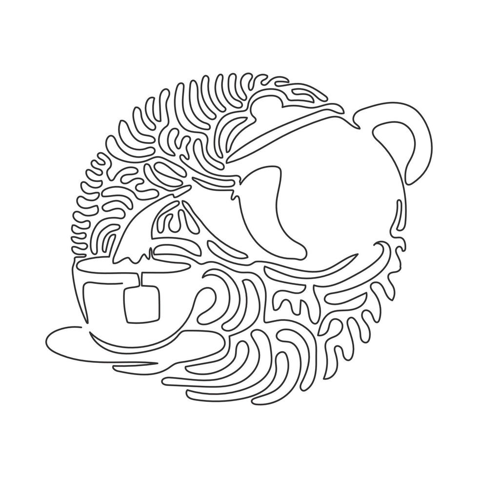 la teiera con disegno a linea continua per bere il tè versa l'acqua calda nella tazza. utensili per la colazione. bianco e nero. stile di sfondo del cerchio di ricciolo di turbinio. illustrazione grafica vettoriale di progettazione a linea singola